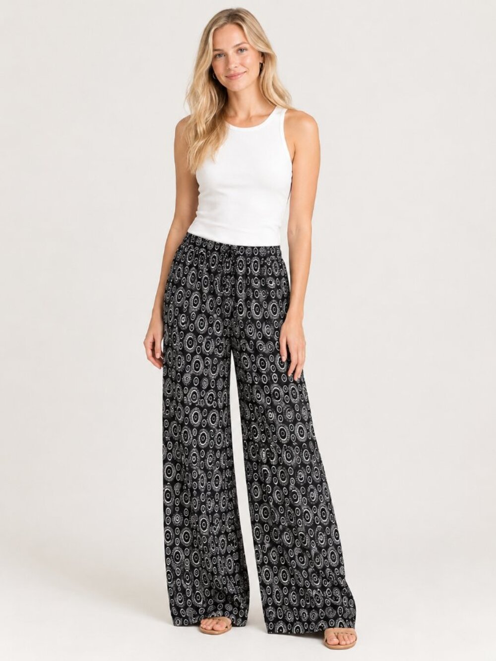 2/$30 TAHARI Geometric Print Pullon Palazzo Pant Black 10 #A5167